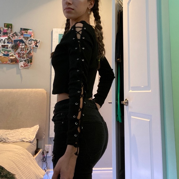 Black Lace Up Sleeve Top - Picture 2 of 5